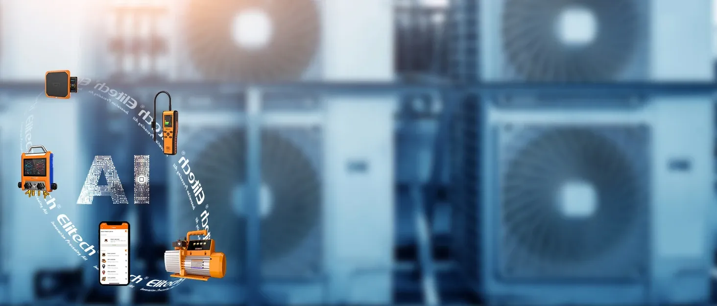 Composite marketing image showing several HVAC diagnostic tools and a mobile app interface arranged around an 'AI' graphic, with a blurred workshop cooling-unit background.